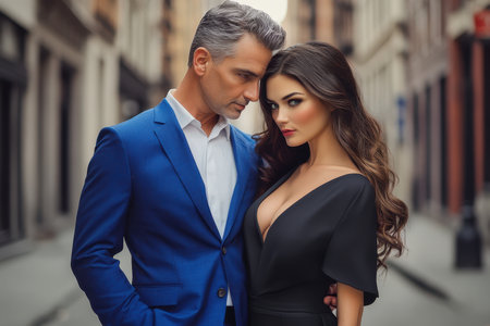 A sophisticated couple stands close together in a city, highlighting their chemistry and style as the sun sets.の素材