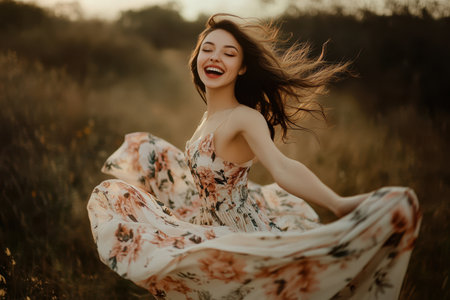 A girl with flowing hair spins joyfully in a floral dress, capturing the warmth of a sunset in a field.の素材