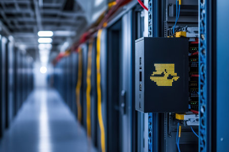 Illuminated control panel displays status within a data center corridor filled with technology.の素材