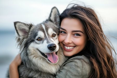 A joyful woman embraces her playful dog near the water, sharing a moment of happiness as the sun sets.の素材