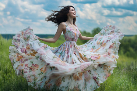 A joyful woman spins gracefully in a colorful floral dress in a lush green field with fluffy clouds above.の素材