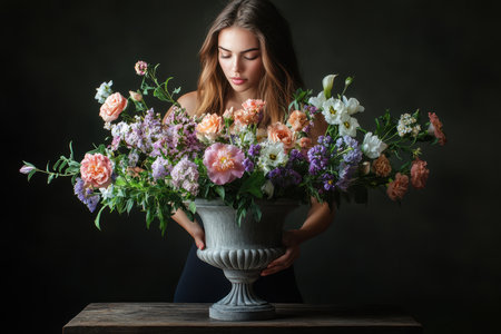 A woman stands gracefully while arranging a colorful bouquet of fresh flowers in a stylish vase.の素材