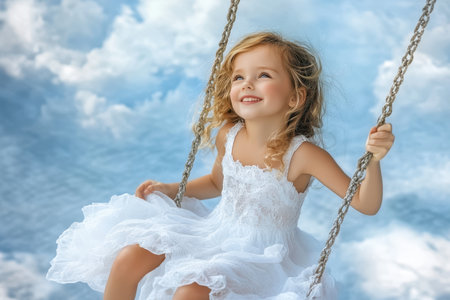 A young girl swings happily, wearing a white dress, surrounded by a beautiful sky of soft clouds.の素材