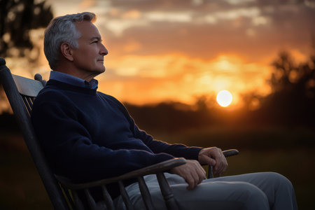 The man enjoys a peaceful moment in a rocking chair as the sun sets, creating a serene atmosphere.の素材