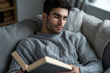 A man sits on a gray couch, deeply engaged in reading a book during a quiet afternoon at home.の素材