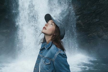 A woman stands mesmerized by a powerful waterfall, with mist enveloping her in a serene natural setting.の素材