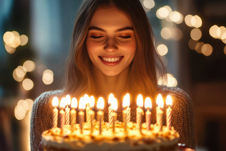A young woman smiles brightly while holding a beautifully decorated birthday cake, surrounded by candlelight.の素材
