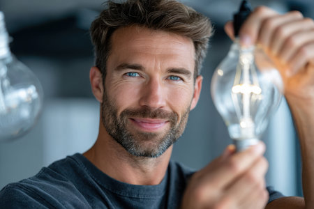 A man with a beard holds a light bulb, showing it proudly in a well-lit, trendy workspace.の素材