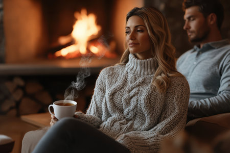 A couple enjoys a peaceful evening by the fireplace, sipping hot drinks in a warm, inviting space.の素材