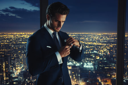 A well-dressed man prepares for a night out, adjusting his cufflinks while overlooking the glowing city skyline.の素材