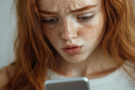 A young woman with red hair and freckles is deeply engaged with her smartphone in a well-lit space.の素材
