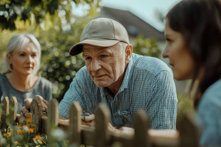 Three individuals engage in conversation while inspecting flowers in a backyard garden setting.の素材