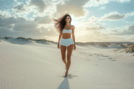 A woman in a white outfit strolls barefoot across sunlit sandy dunes as clouds drift overhead.の素材