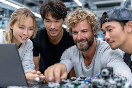 Four young professionals enthusiastically engage around a laptop in a modern workshop, discussing a project.の素材