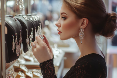 A woman examines a stunning pair of earrings while browsing a display in a jewelry store.の素材