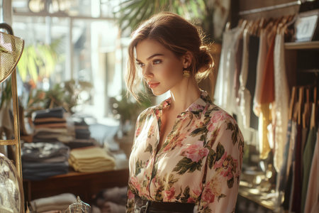 A woman is exploring trendy apparel in a boutique filled with natural light and stylish displays.の素材