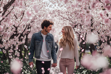A couple walks hand in hand amidst vibrant pink cherry blossoms, smiling at each other in a serene setting.の素材