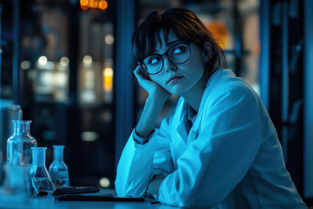 In a dimly lit laboratory, a young scientist in a white coat reflects on her research with glassware nearby.の素材