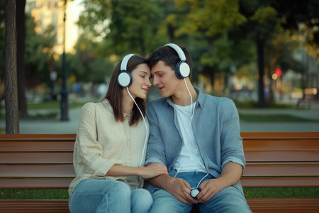 Young couple shares headphones while seated on a park bench, enjoying music in a lively atmosphere.の素材