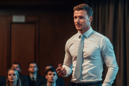 A man presents confidently to a captivated audience inside a modern conference room, showing professional skills.の素材