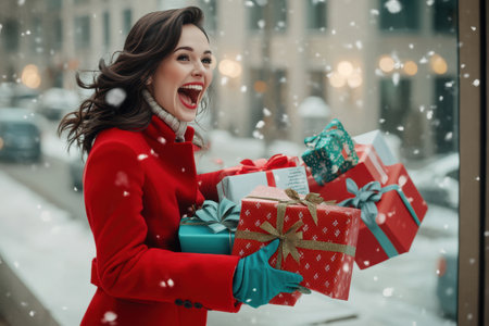 A woman in a red coat smiles brightly while holding colorful presents against a snowy urban backdrop.の素材