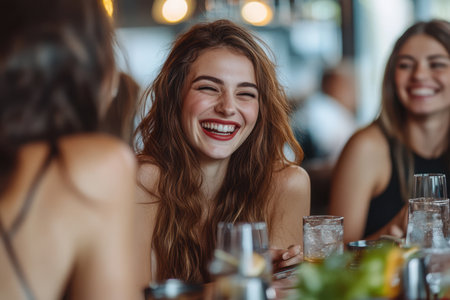 A group of friends enjoys their time together in a modern bar, laughing and sipping on drinks.の素材