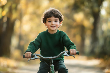 A cheerful boy on a green bicycle enjoys riding along a sunlit path surrounded by autumn foliage.の素材