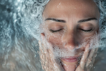 A woman gently washes her face, surrounded by bubbles in a calm and refreshing environment.の素材