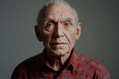 An elderly man with deep wrinkles in a plaid shirt gazes seriously at the viewer.の素材