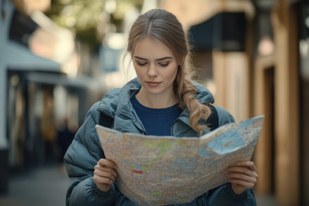 A woman stands on a city street, closely examining a map and planning her next destination.の素材