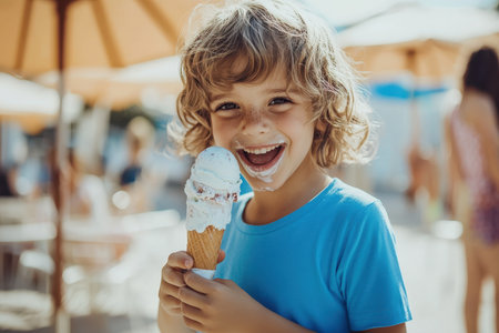 A joyful child with curly hair smiles while holding a colorful ice cream cone on a sunny day outside.の素材