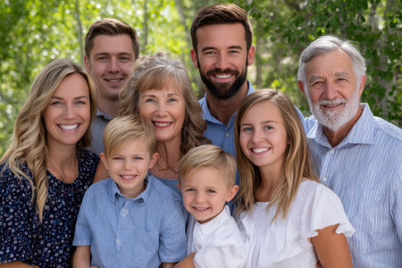 A happy family poses together in a sunlit outdoor setting, showcasing smiles and warm connections.の素材