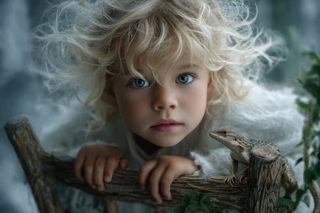 A young girl with curly hair and blue eyes leans over a wooden fence, observing a lizard nearby in a quiet spot.の素材