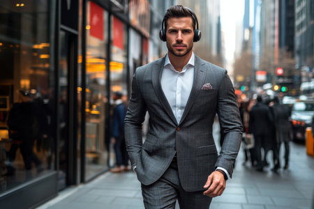 A well-dressed man in a tailored suit walks confidently in a bustling urban area while wearing headphones.の素材