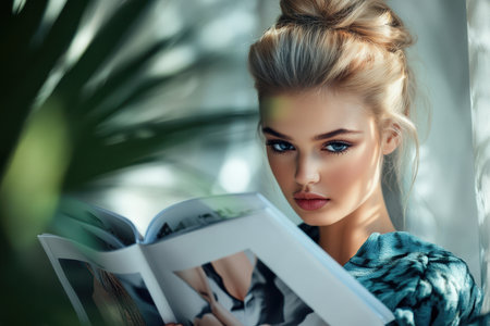 A woman with beautiful hair focuses on reading a glossy magazine while surrounded by lush greenery.の素材