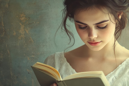A young woman is deeply engaged in reading a book. She sits in a calm, softly lit space, surrounded by a textured wall.の素材