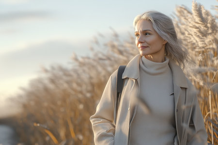 A woman strolls leisurely among golden grasses, savoring the quiet beauty of nature during sunset.の素材