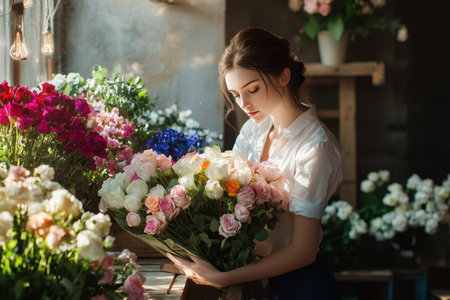 A woman carefully organizes a bouquet of roses and other flowers in a charming flower shop surrounded by blooms.の素材