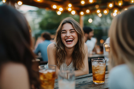 A woman shares a joyful laugh with friends while enjoying drinks outdoors under string lights.の素材