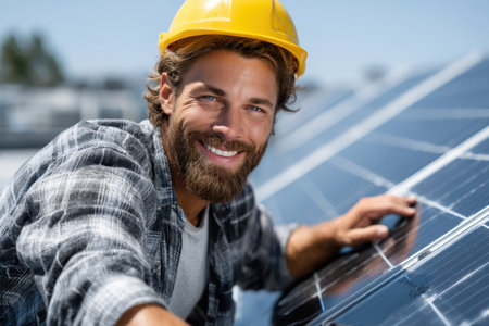 Man in hard hat installs solar panels on rooftop, smiling under bright sunlight, showing renewable energy.の素材