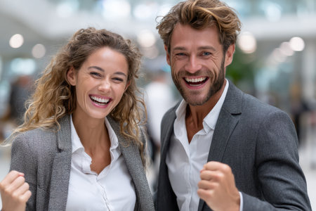 Two young professionals smile and cheer in a bright office space, expressing joy and achievement together.の素材