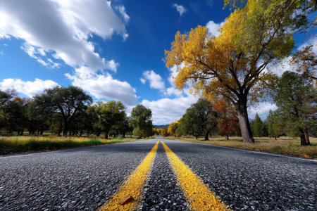 A long, empty road stretches through a landscape adorned with autumn foliage, showing vivid colors.の素材