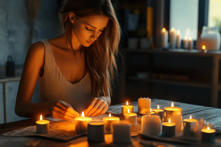 A young woman carefully arranges candles on a wooden table, surrounded by a soft, warm glow in the evening.の素材