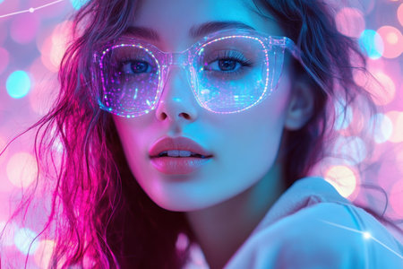 A woman with curly hair wears illuminated glasses, surrounded by colorful bokeh lights in a dark environment.の素材