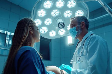 A doctor in a surgical setting interacts with a patient under bright lights, discussing care options.の素材
