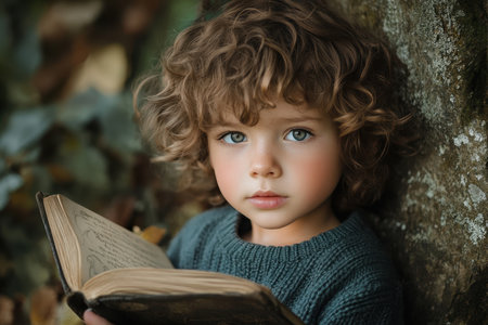 A young child with curly hair focuses on an old book in a serene forest setting, surrounded by nature.の素材