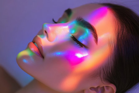 Close-up of a woman with radiant skin illuminated by vibrant light patterns creating a stunning visual effect.の素材