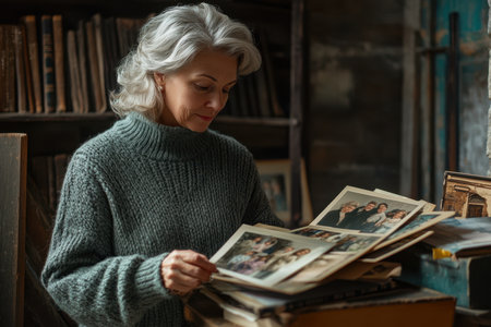 A woman in a warm sweater sorts through cherished family photos, reflecting on past memories in a cozy room.の素材
