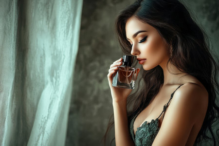 A woman with long hair admires a perfume bottle while standing by a window, illuminated by soft light.の素材