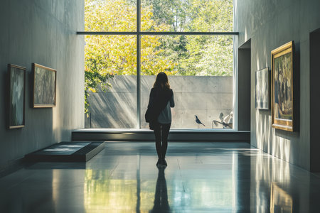 A person walks through a modern art gallery, admiring artworks and enjoying the view of nature outside.の素材